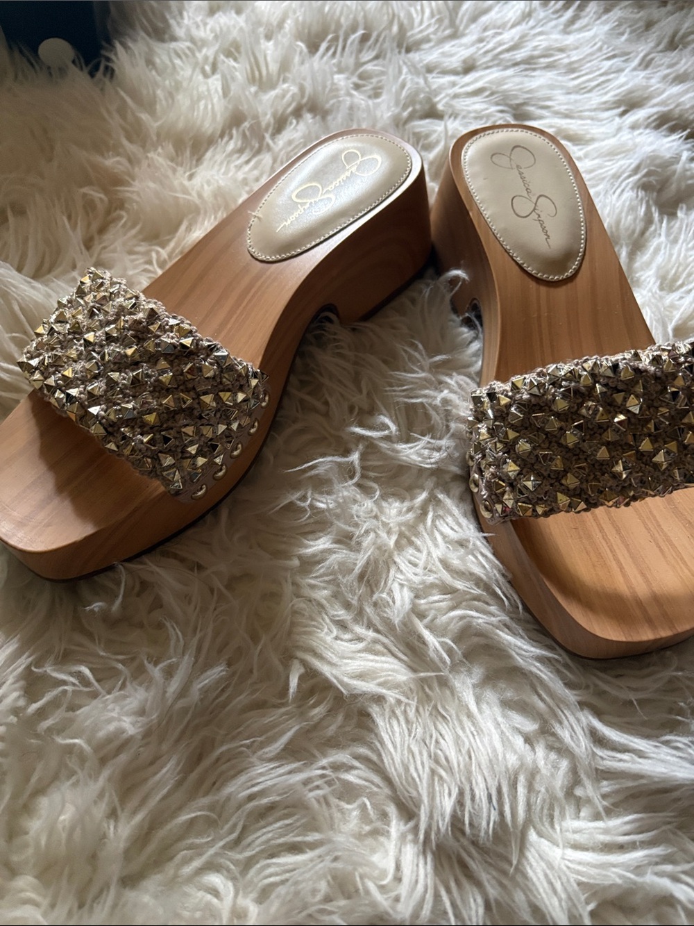 Jessica Simpson Gold Crystal Studded Slide Mules - Picture 2 of 4